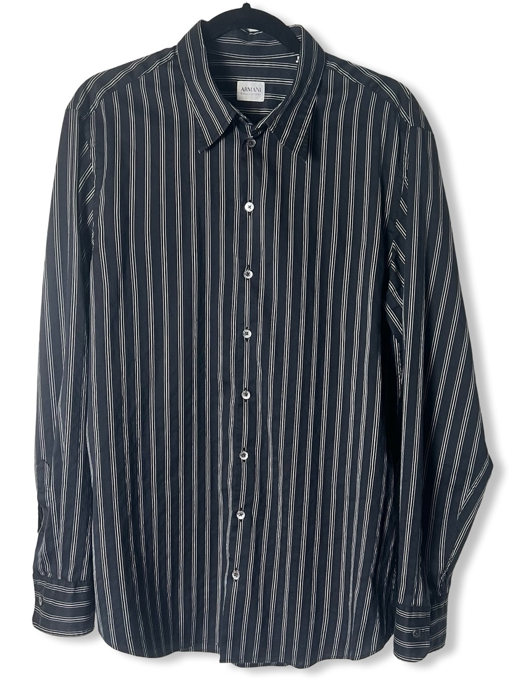 Armani Collezioni Mens Black White Striped Cotton Dress Shirt Business Sz. L